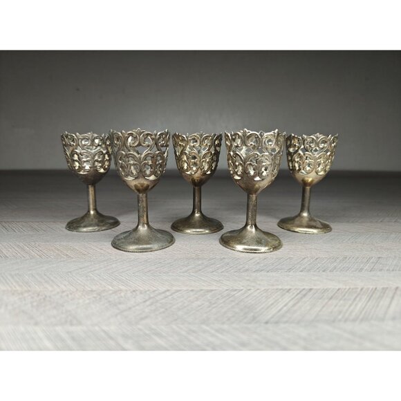 Vintage Shot Cordial Glass Holders Ornate Filigree Metal Stem Japan Made - Picture 7 of 7